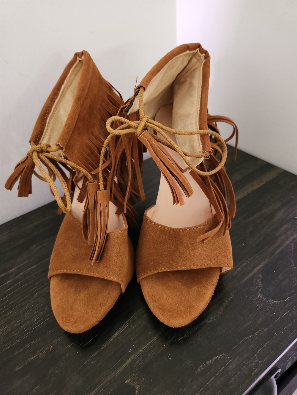 Fringe Lace-Up Suede Heeled Sandals in Tan